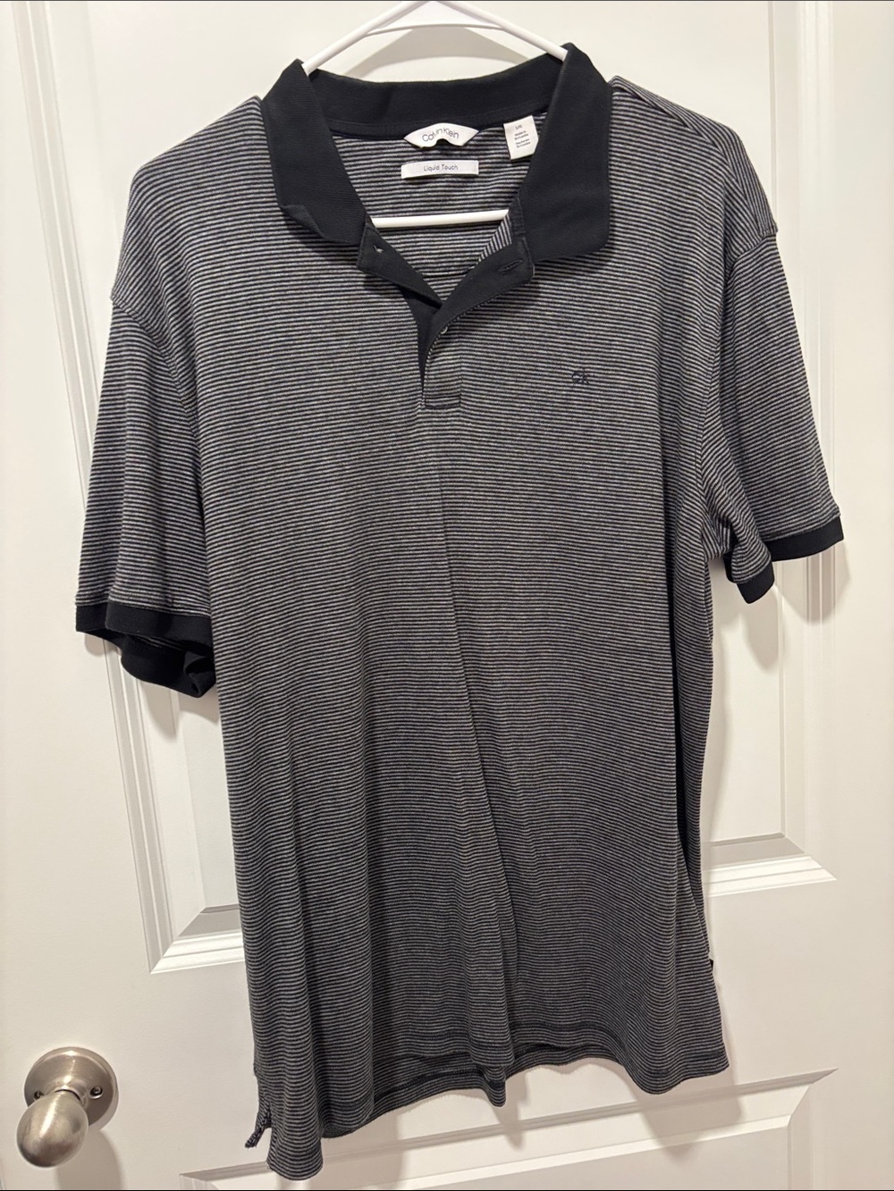 Calvin Klein Black and Gray Striped Polo Shirt